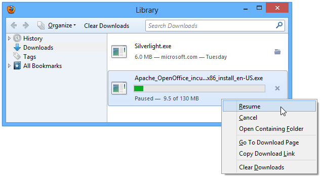 Firefox resume download